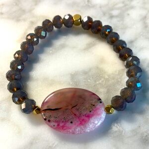 Pink grey agate & purple Swarovski gemstone bracelet